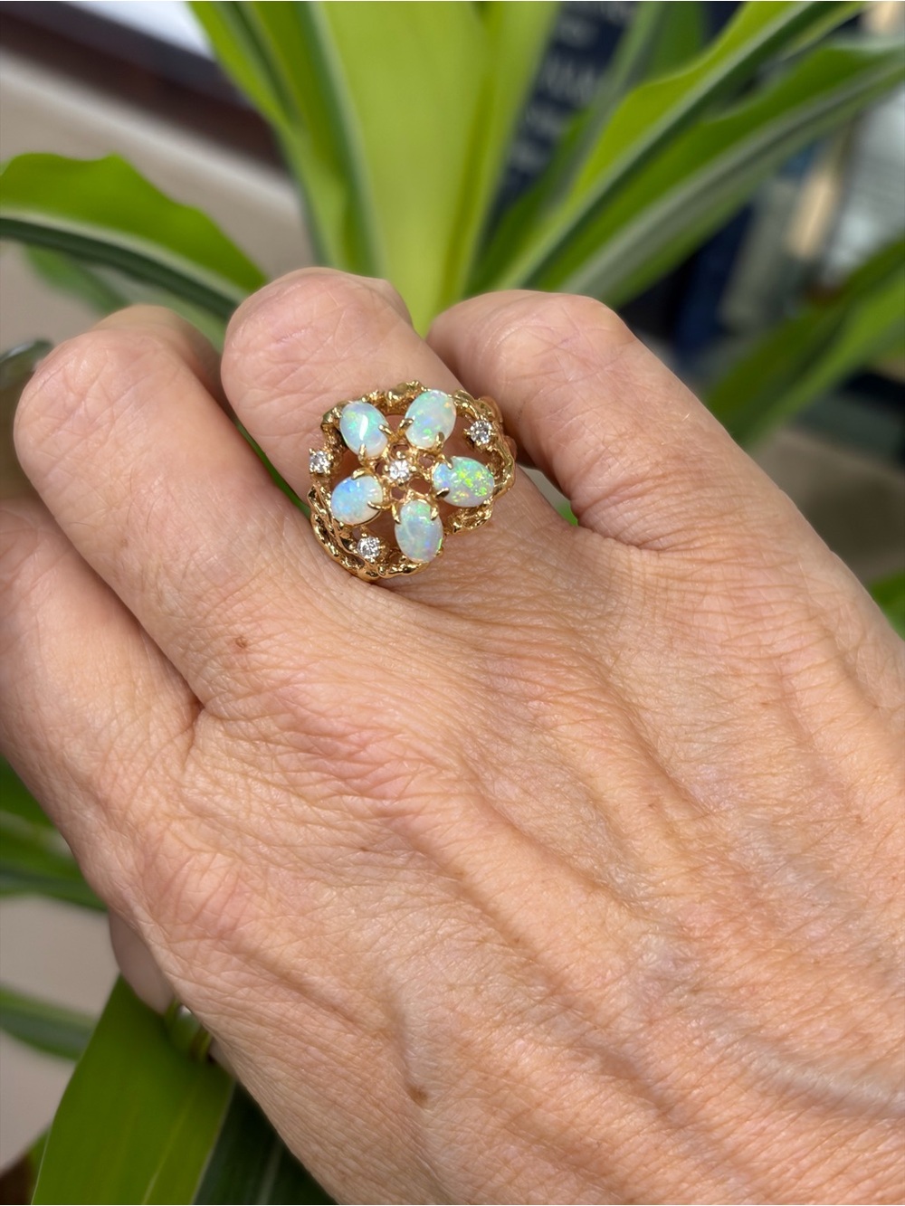 Gold Opal Cluster Ring - White Opal Floral Statement